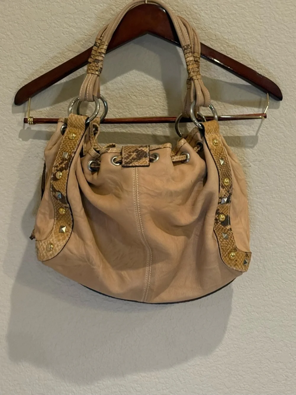 Y2K Tan Leather Python Trim Hobo Bag Mania Italy Silver Ring Gold Stud Boho
